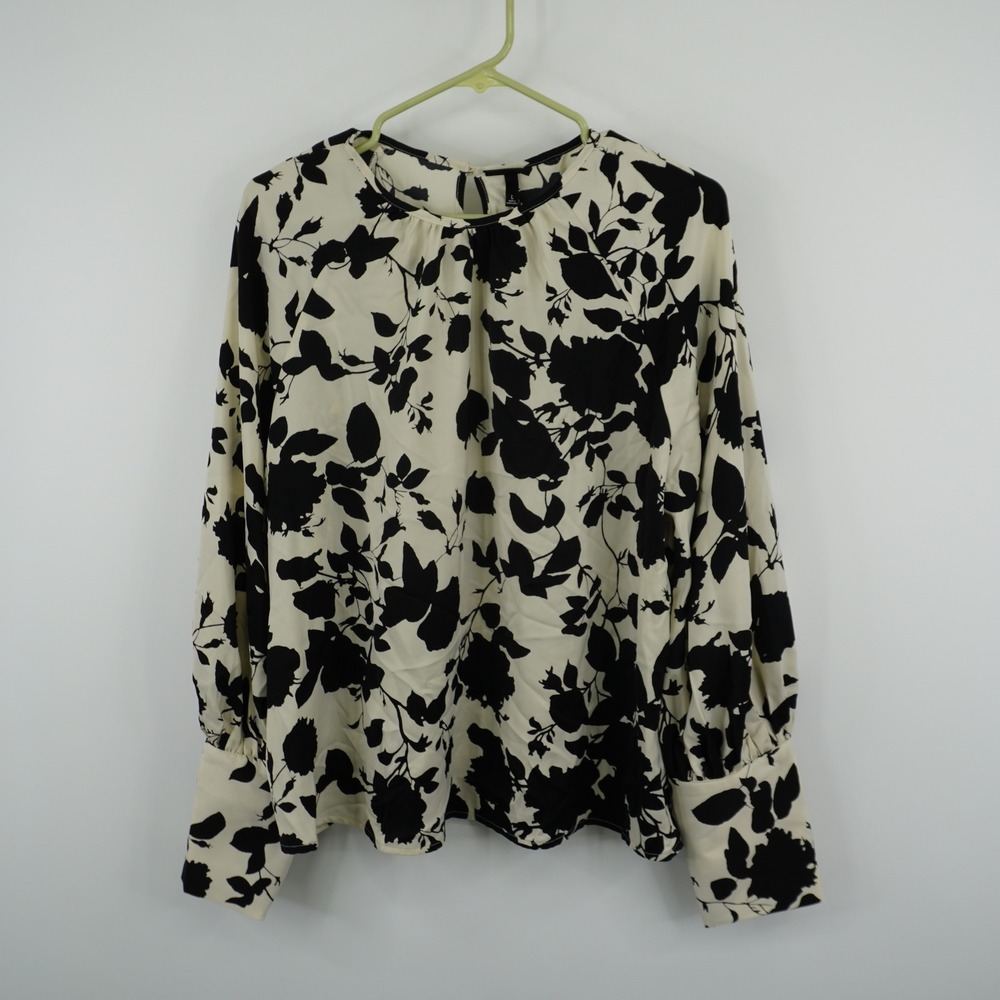 Who What Wear Blouse Women Large Cream Black Silhouette Rose Floral Long Sleeve